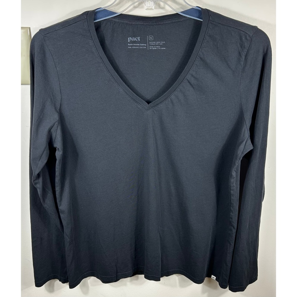 Pact Essential V-Neck Long Sleeve Tee Women XL Black Organic Cotton Sustainable